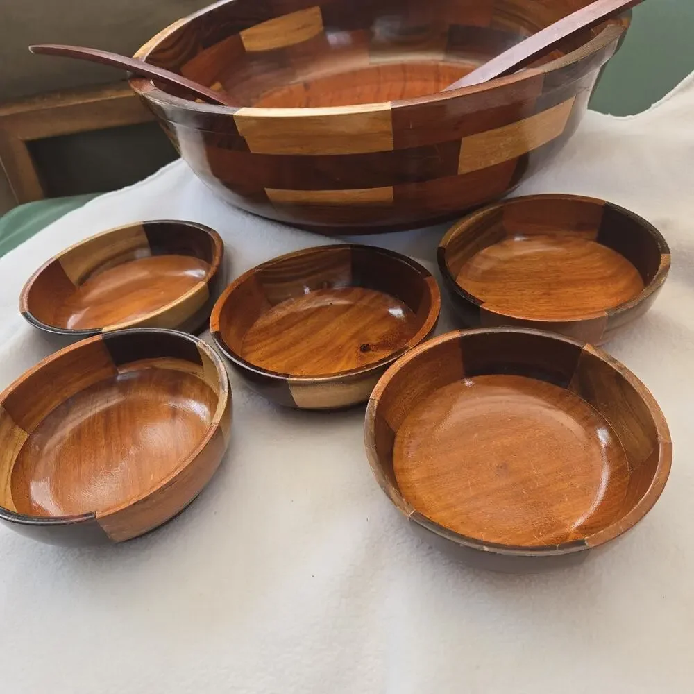 Teak Wood Bowls Set Wood 8 Piece Serving Set + Salad Bowl & Serving Utensils